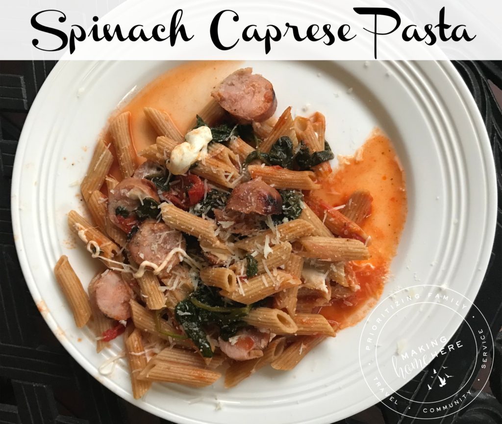Spinach Caprese Pasta, Spinach Caprese Pasta dinner, dinners for new moms, meals for new moms, meals for large groups, dinners for large groups, pasta dinners for large groups, recipes for large groups